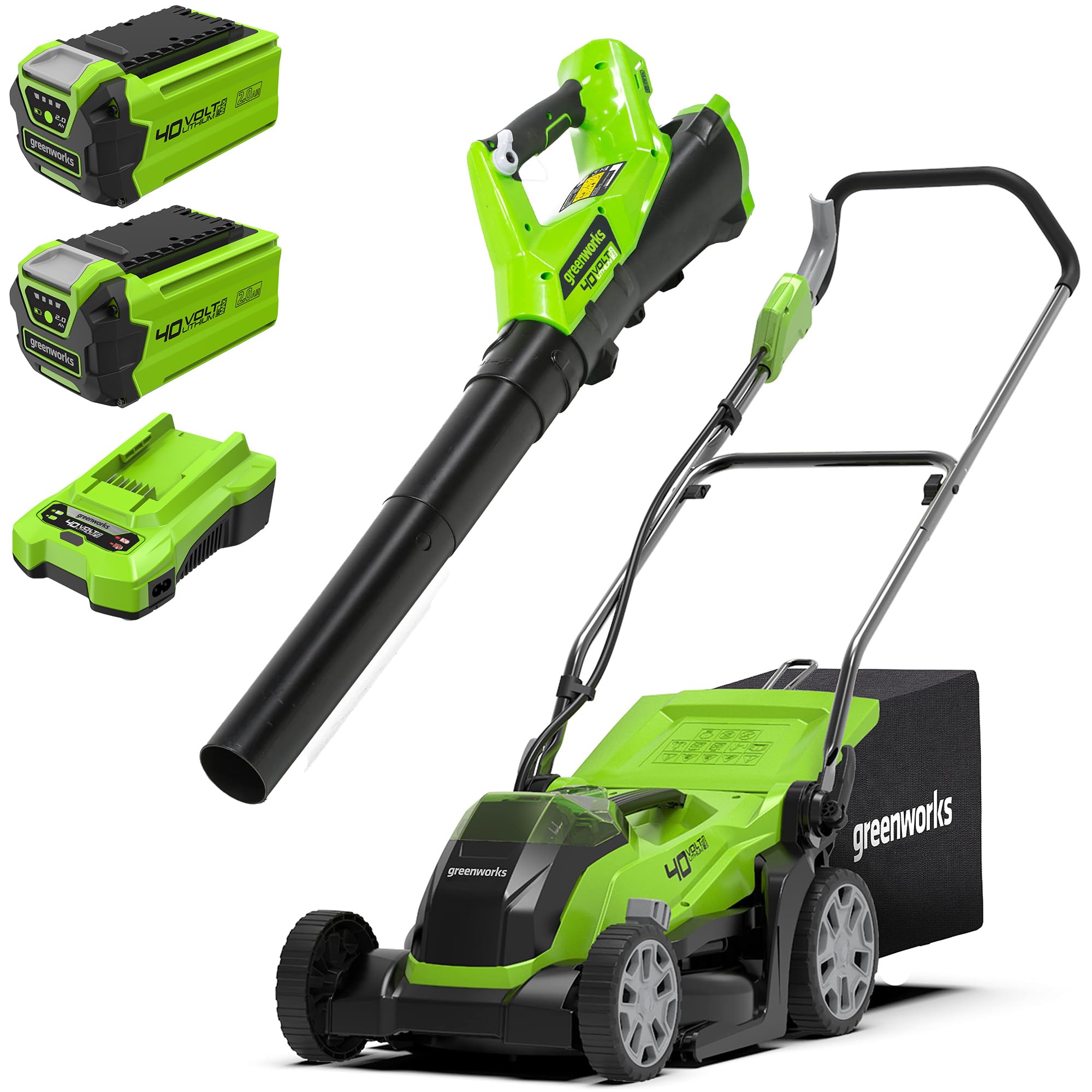 Greenworks Lawnmower G40LM35 and Leaf Blower G40AB (Li-Ion 40V 35 cm Cutting Width 500 m² 40l Grass Collector) 177 km/h Air Speed Speed Speed Control with 2 Batteries 2 Ah & Charger