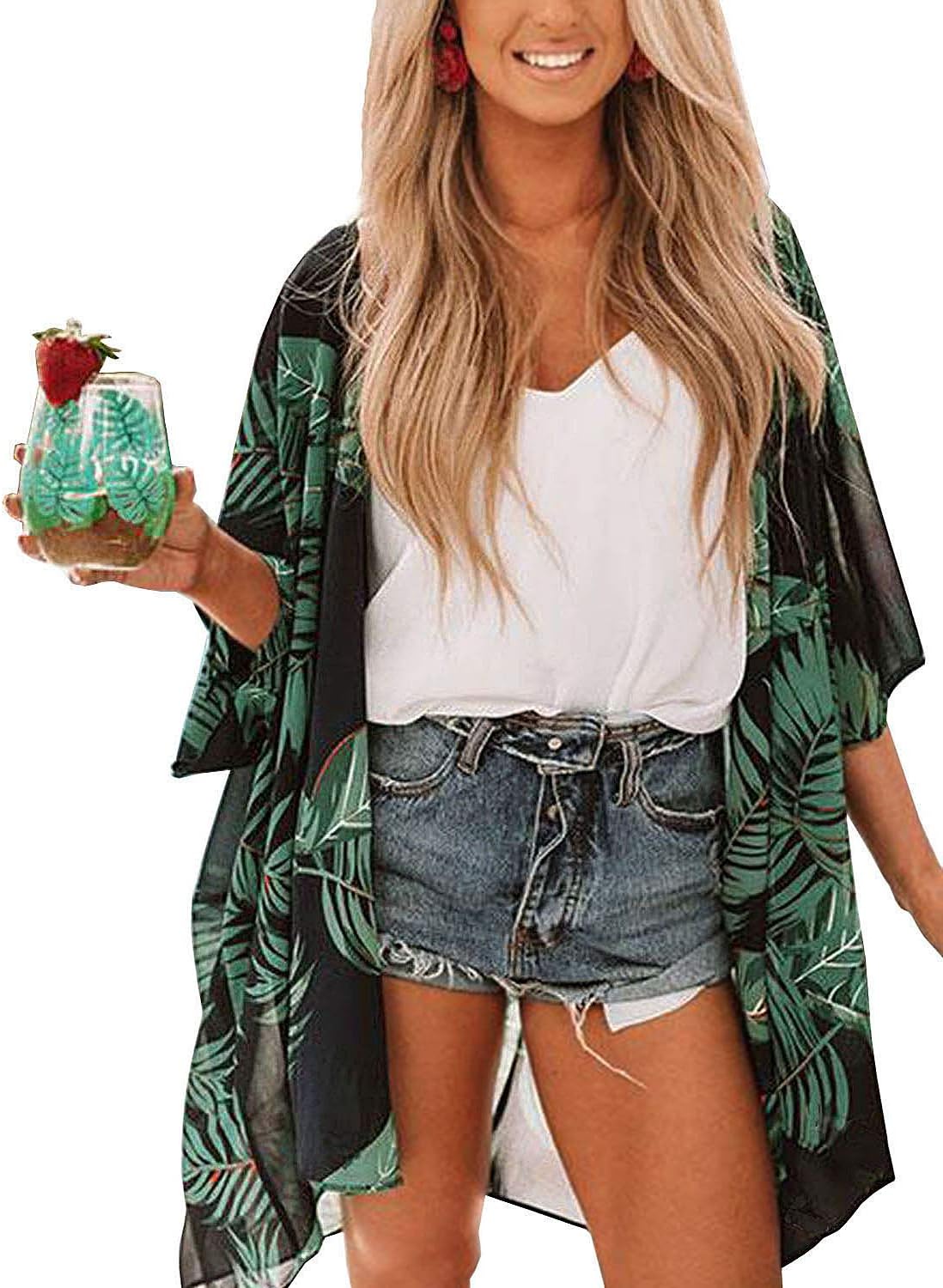 Women's Sheer Chiffon Floral Print Kimono Casual Loose Open Front Cardigan Blouse Tops Cover Up