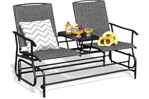 FANTASK 2 Person Outdoor Glider Bench w/Tempered Glass Table, Swing Patio Glider Chair with Steel Frame & Breathable Seat, Double Rocking Chair for Porch, Poolside, Patio, Garden (Grey)