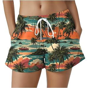Women's Quick Dry Board Shorts Print Swim Summer Hawaiian Casual Shorts with Pockets Bathing Suit Bottoms for Beach Vacation
