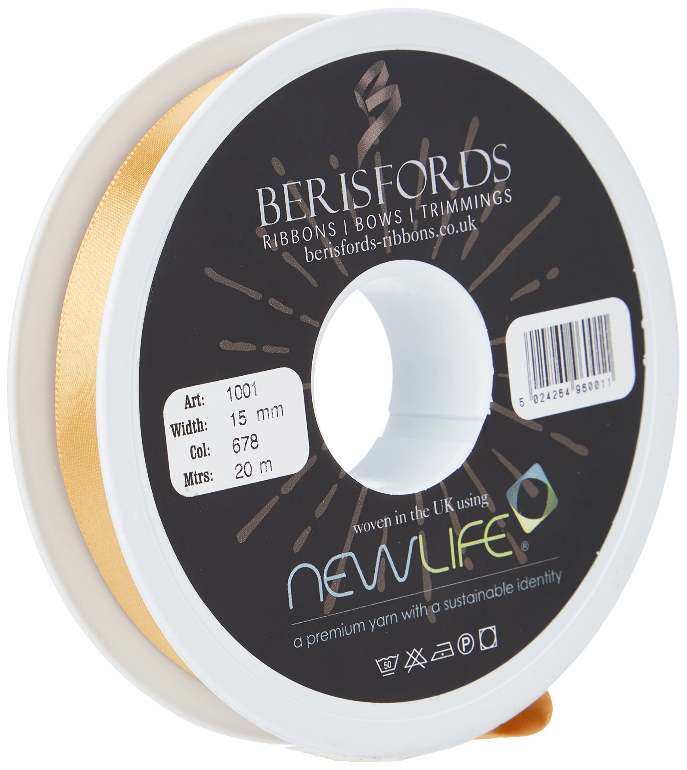 Berisfords BF_1001-15-678 15mm 678 Honey Gold NewLife Satin Ribbon 100% Recycled 20m Reel