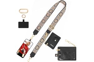 LOUXIFENG Clip and Go Strap for Phone with Wallet Crossbody for Women Cell Phone Lanyard for Phones Case Cross Body Phone String with Zipper Leather Pouch Patterned Straps Black