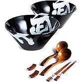 BICETTO Japanese Ceramic Ramen Bowl Set, 60oz Large Ramen Bowls with Chopsticks, Spoons and Chopstick Rests – Bowl for Ramen, Pho, Salad, Poke, Soup, Udon – Minimalist Design, Premium Quality, Black