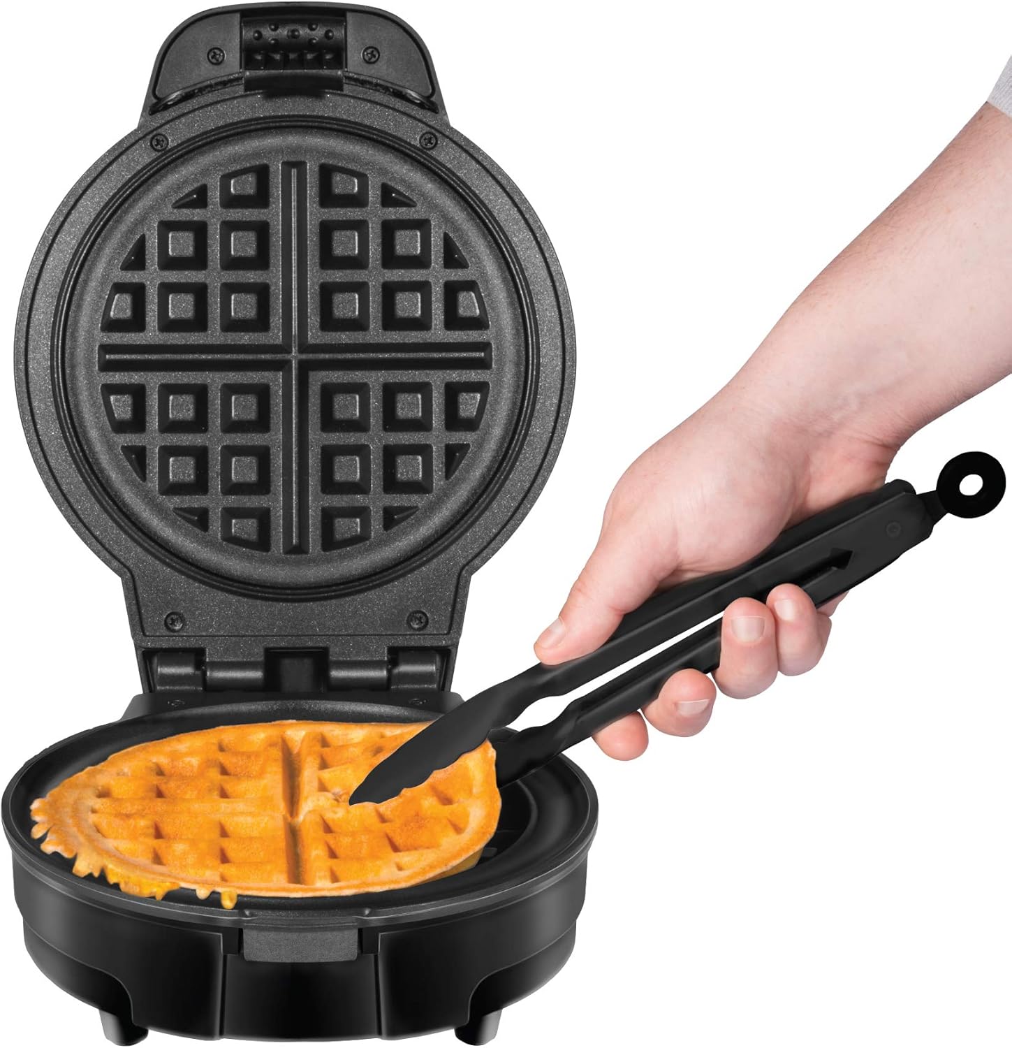 Chefman Anti-Overflow Belgian Waffle Maker w/ Shade Selector, Temperature Control, Mess Free Moat, Round Iron w/ Nonstick Plates & Cool Touch Handle, Measuring Cup Included, Black: Kitchen & Dining