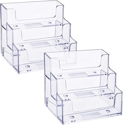 2 Pack Business Card Holder 3 Tiers Plastic Card Stand Organizer Clear