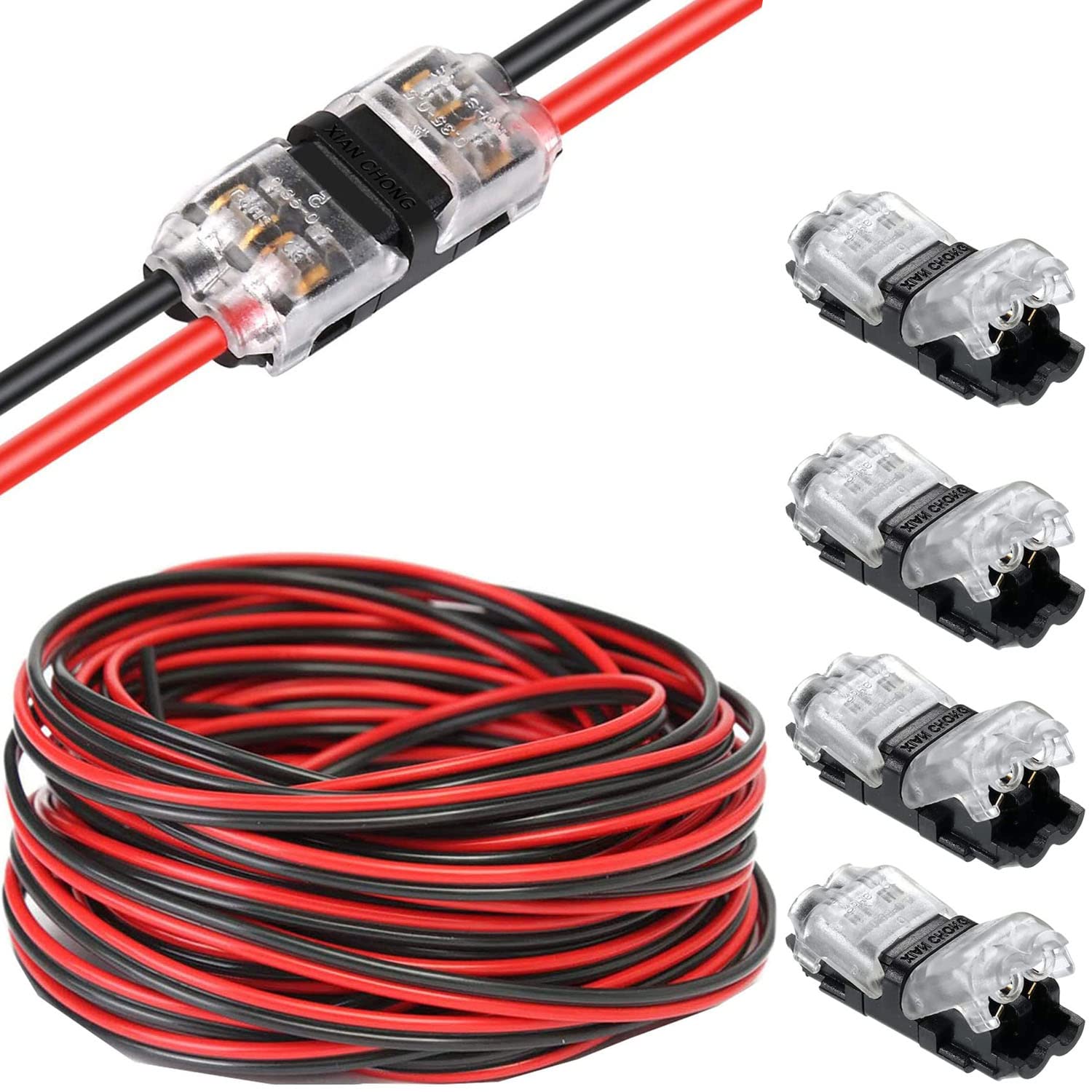 RUNCCI-YUN 20m 22WAG 2 Pin LED Strip Extension Cable 12V Cord LED Wire for SMD 3528 2835 5050 5630 LED Tape LED String Light or Other DC 5V-24V Device+2 Way connectors low voltage wire connectors