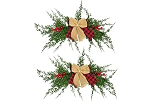 WDDH 2Pcs Artificial Christmas Swag, 22.8inch Greenery Decoration Swag with Poinsettia Flower and Green Leaves, Winter Christmas Swag for Wall Door Lintel Festival Decor