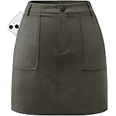 Bridesmay Women's Suede Mini Skirt with Pockets - Elastic High Waisted A-Line Short Pencil Skirts for Women