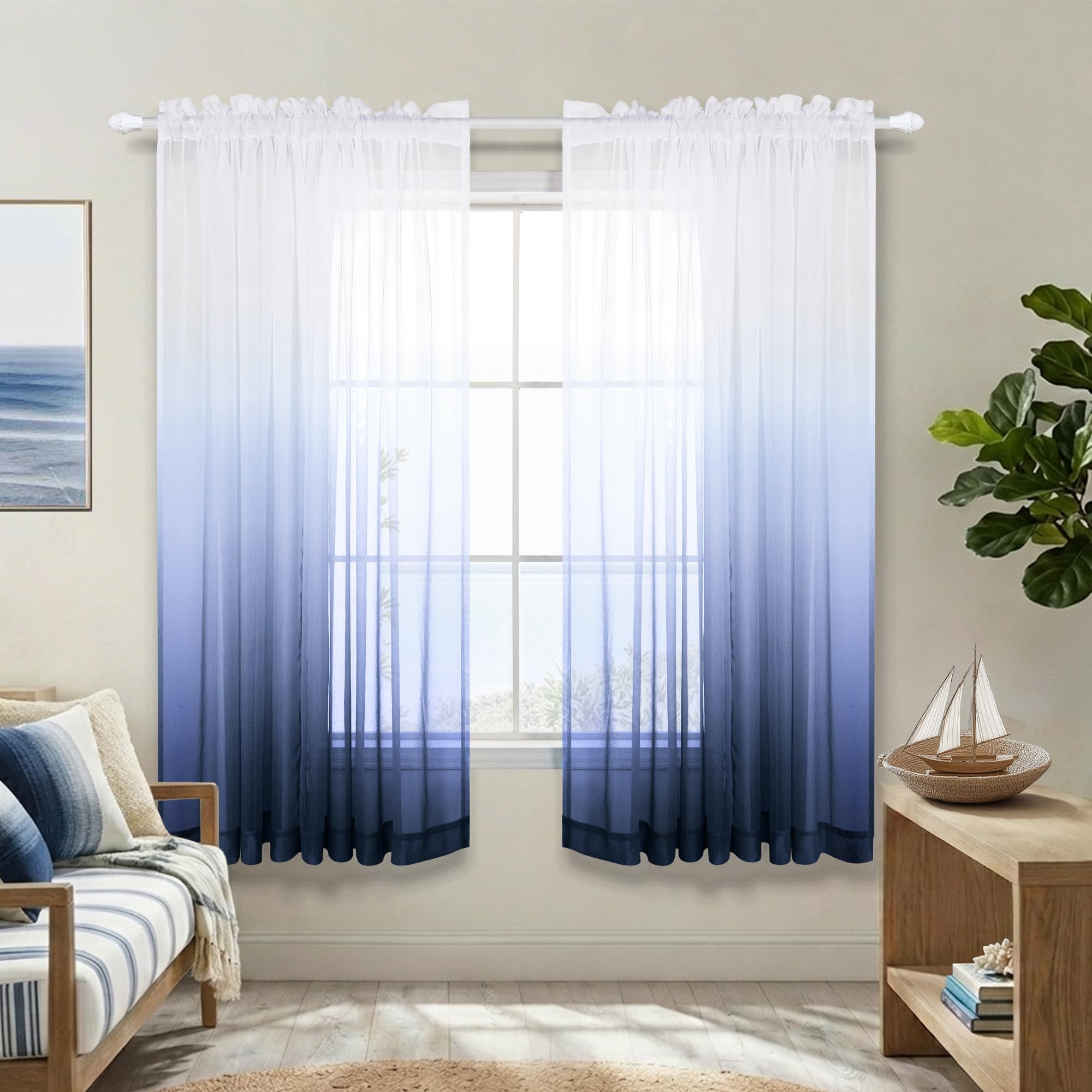 KOUFALL Navy Blue Sheer Curtains 63 Inch Length,Ombre Curtains for Kids Room Boys Bedroom 63 Inches Long