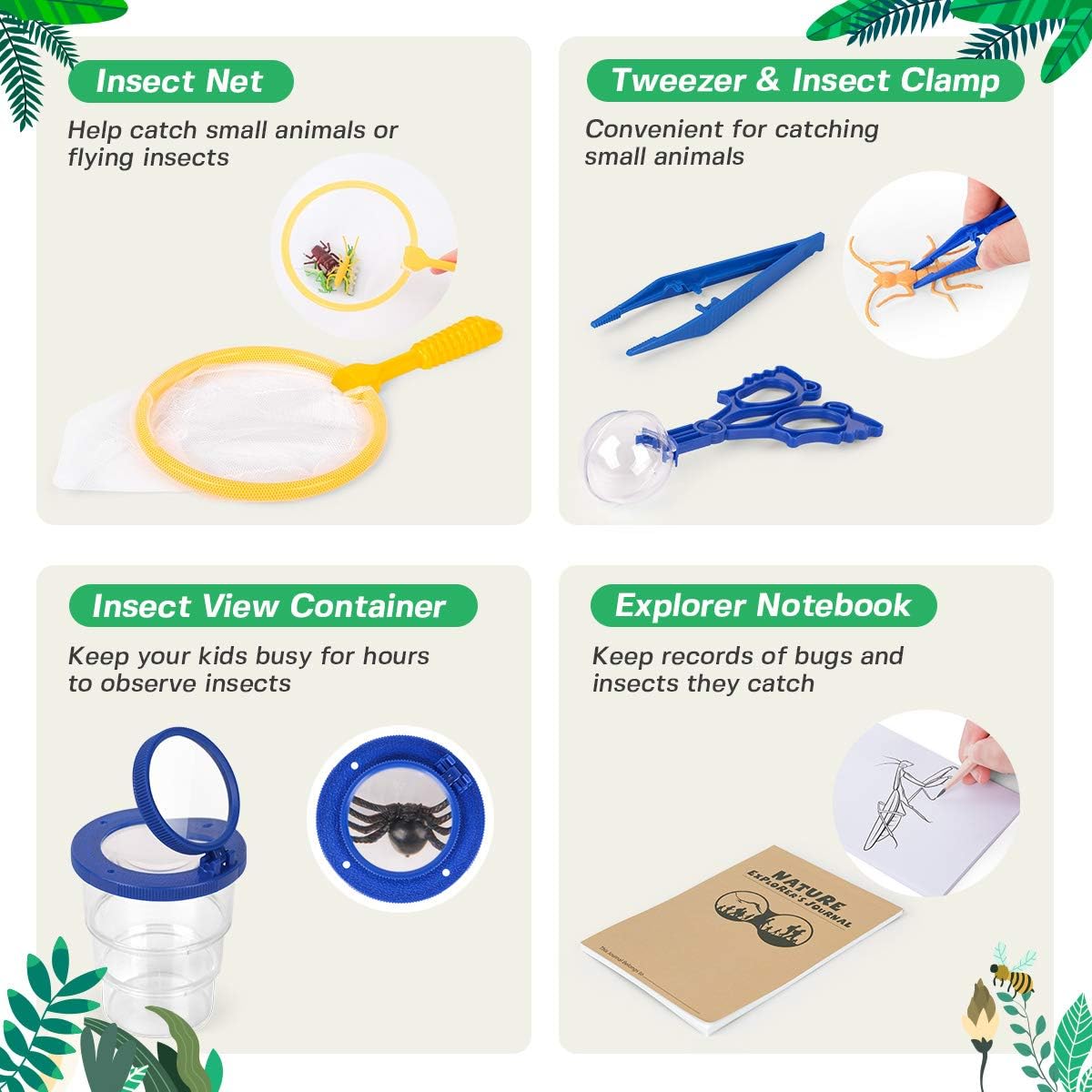 D-FantiX Kids Nature Explorer Kit, 24Pcs Outdoor Adventure Set Bug Catcher Kit, Nature Exploration Toys with Binocular Headlight Flashlight Magnifying Glass Compass for Toddlers Camping Hiking Gear: Toys & Games