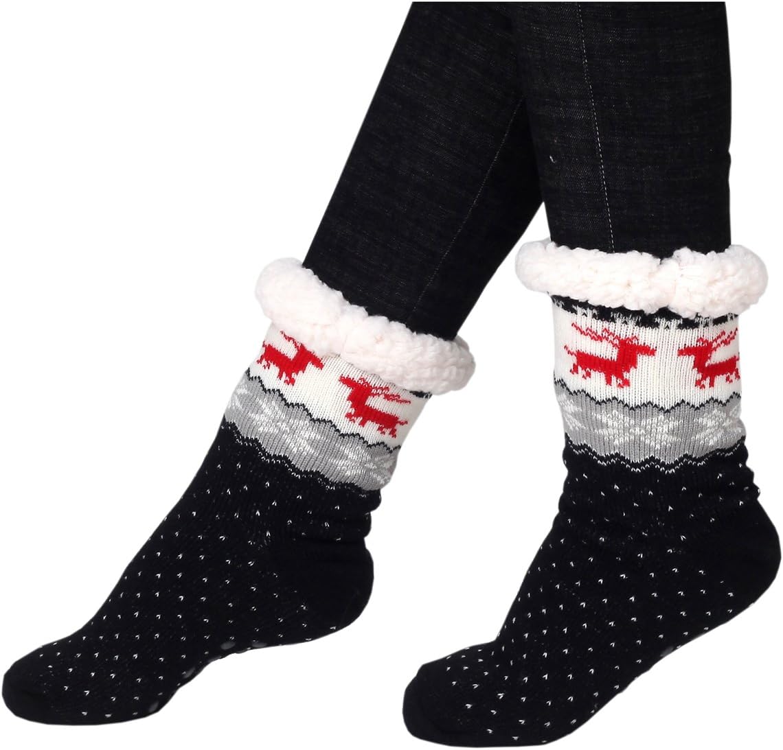Marlong Women Girl Warm Winter Fuzzy Fleece Lined Slipper Socks (02 Black)
