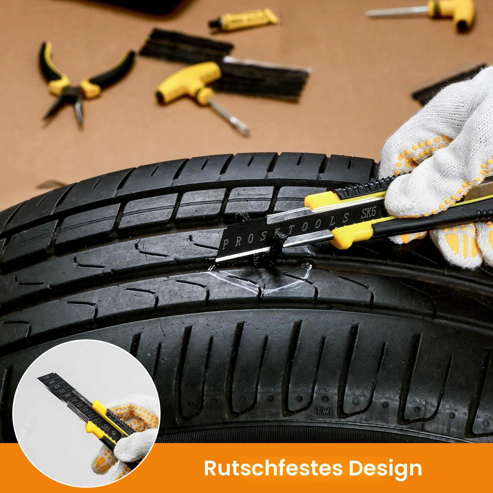 Reparaturset für platte Reifen, Pannenstopfen und Flickset mit Dichtmittel 5