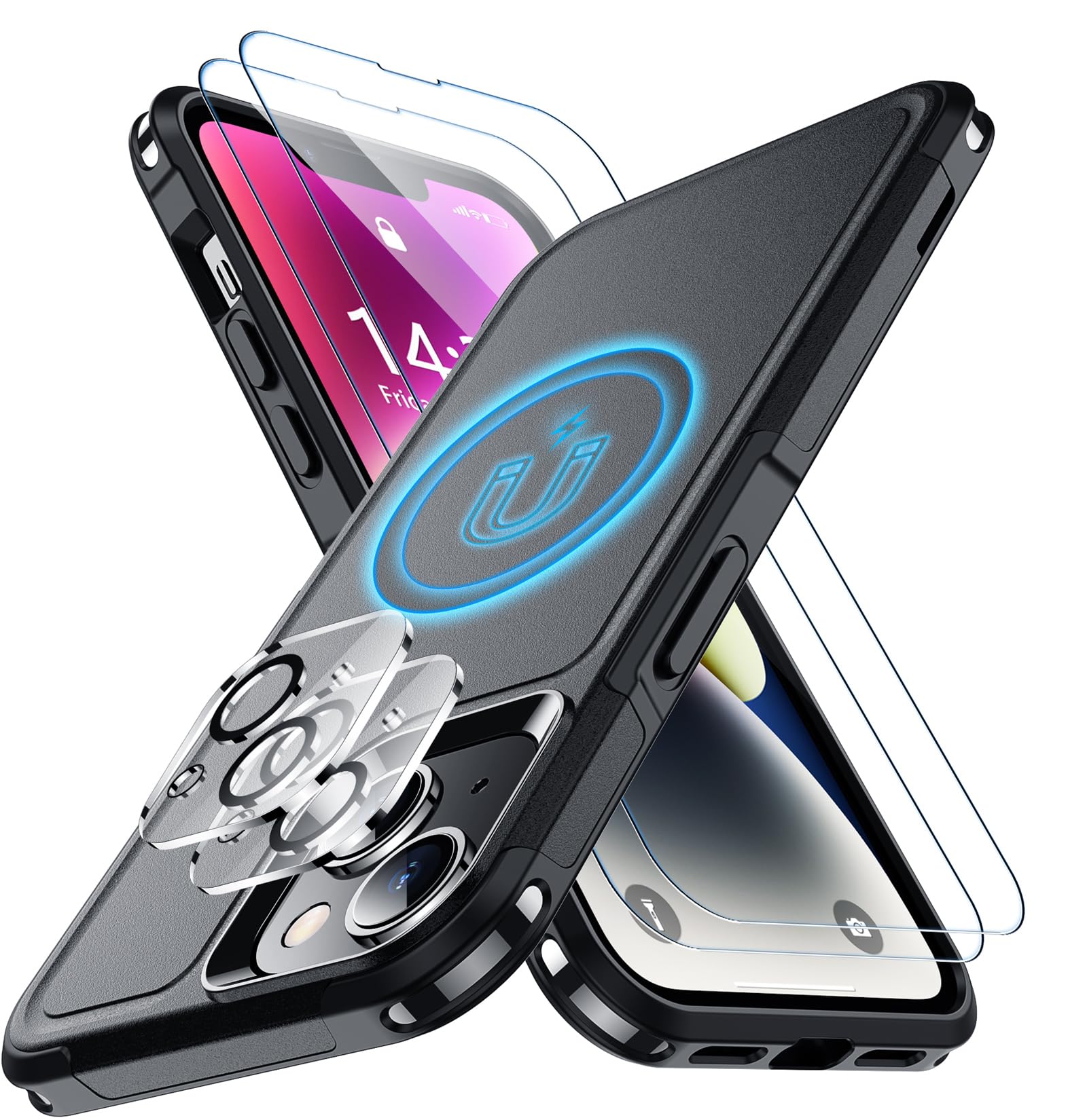 SPIDERCASE for iPhone 14 Case/iPhone 15 Case, Magnetic [15 FT Military Grade Drop Protection][Non-Slip] 2 Pack [Tempered Glass Screen Protectors+Camera Lens Protectors] Shockproof Case, Black