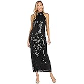 R&M Richards Women's Embellished Sequin Fringe Power Mesh Dress W/Mock Halter & Elastic Waist