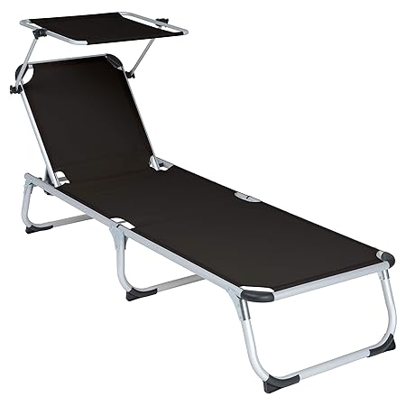 Divero Gartenliege Sonnenliege mit Dach schwarz 187x57x30 cm klappbar 5fach verstellbar Aluminiumrahmen Dreibeinliege wetterf