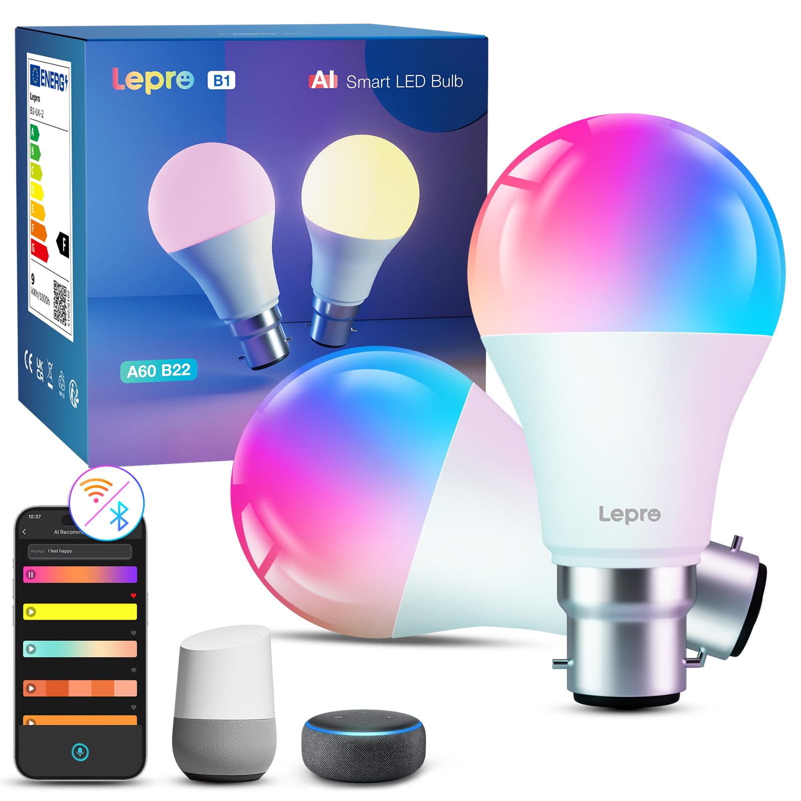Lepro AI Smart Bulb B22, Music Sync Bayonet WiFi Bulb, Colors Changing Light Bulb Works with Alexa & Google Assistant, 806lm, Voice Control, Personalized AI Lighting Designer, 2 Packs