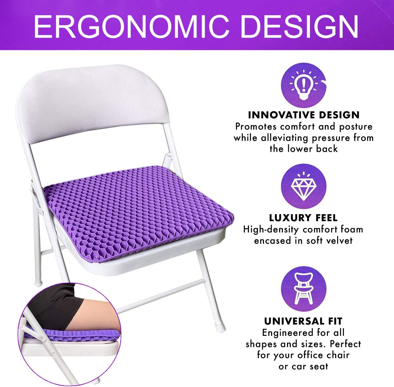 Gel Seat Cushion - Purple Enhanced Double Non-Slip Seat Cushion for Tailbone Pain Relief - Seat Cushion for The Car Or Office Chair - Sciatica & Back Pain Relief: Kitchen & Dining