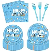 96Pcs Blue Dog Birthday Party Supplies Set for 24 Guests Happy Birthday Dessert Plates Lunch Plates Napkins Disposable Tableware Party Kit for Boys Kids
