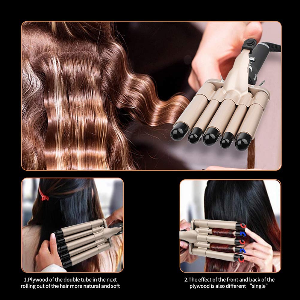 5 Barrel Curling Iron Wand Dual Voltage Hair Crimper - 13mm Ceramic Tourmaline 5 Barrels, Temperature Adjustable Portable Hair Waver Heats Up Quickly (Gold): Beauty