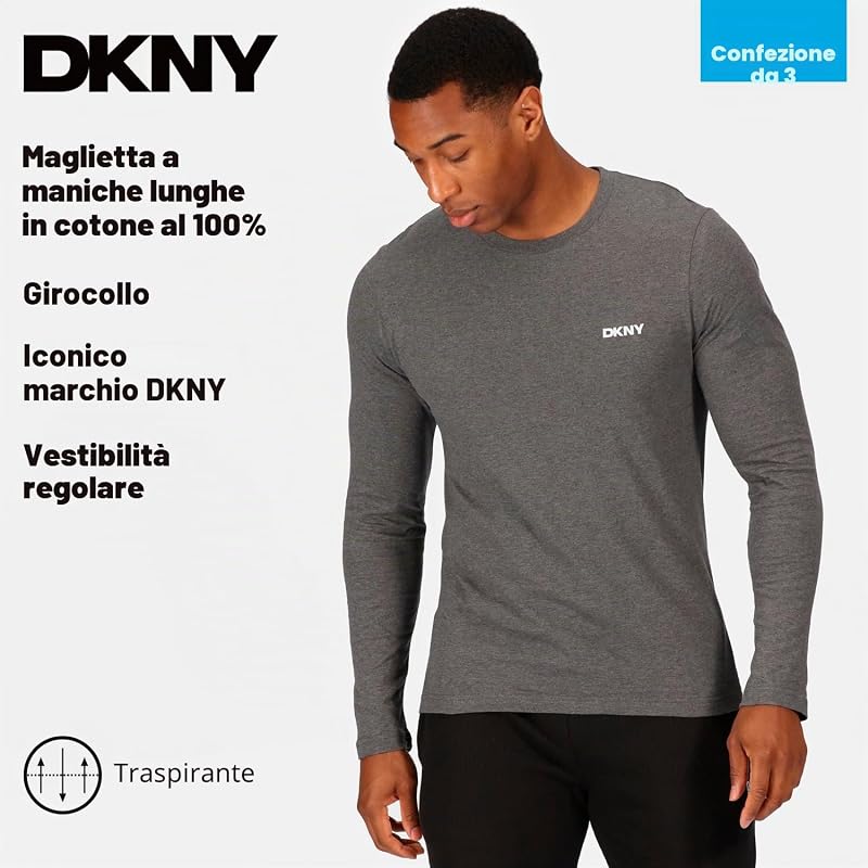 Uomo, Maglietta a Maniche Lunghe, Blu Marino/Grigio Scuro/Nero, Confezione da 3, Medio