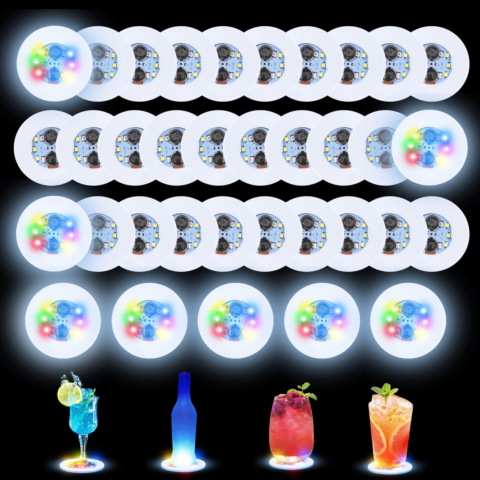 Luolety LED Coaster, 35PC Cup LED Stickers Light Up Bar Coasters Tunnel Liquor Bottle Flash Light Cup Mat for Glass Beverage Mat Home Flashing Shots Light for Party, Wedding (Colorful)