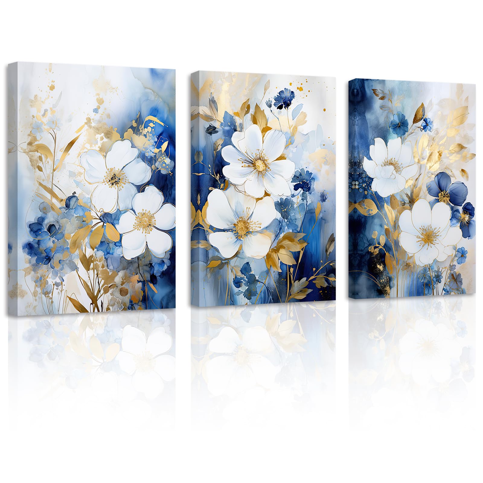 ZXHYWYM Abstract Floral Wall Art 3 Pieces Navy Blue Flowers Canvas Picture Blue and Gold Painting Prints Modern Artwork Home Decor Framed(1, (12.00" x 16.00" x 3PCS))