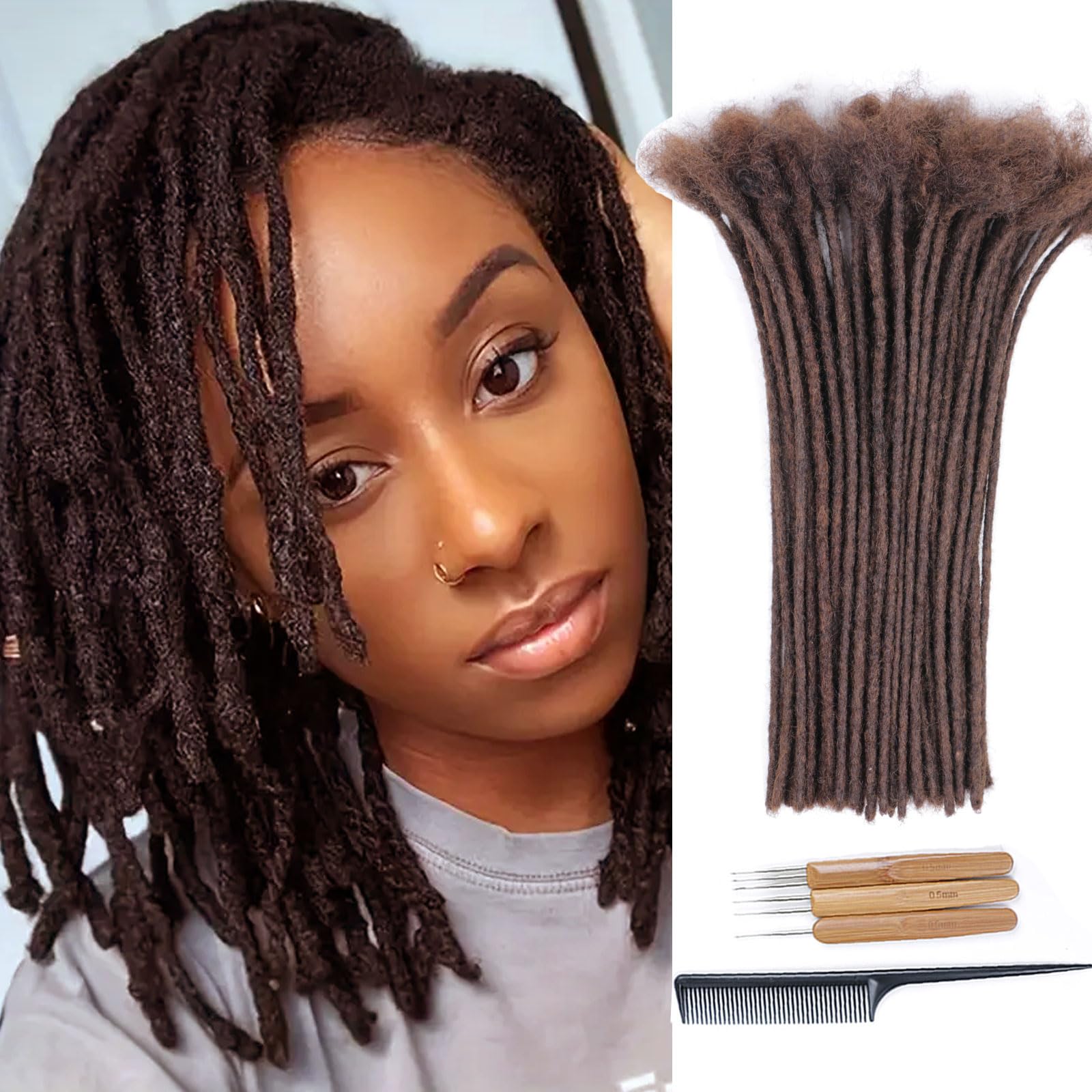 Huarisi 100% Human hair Dreadlocks Extensions for Black Women 12 inch 60 Strands 0.4cm Brown Afro Kinky Hair Fashion Handmade Permanent Loc Extensions Real Hair for Man (#4, 60 Locs) — image 1