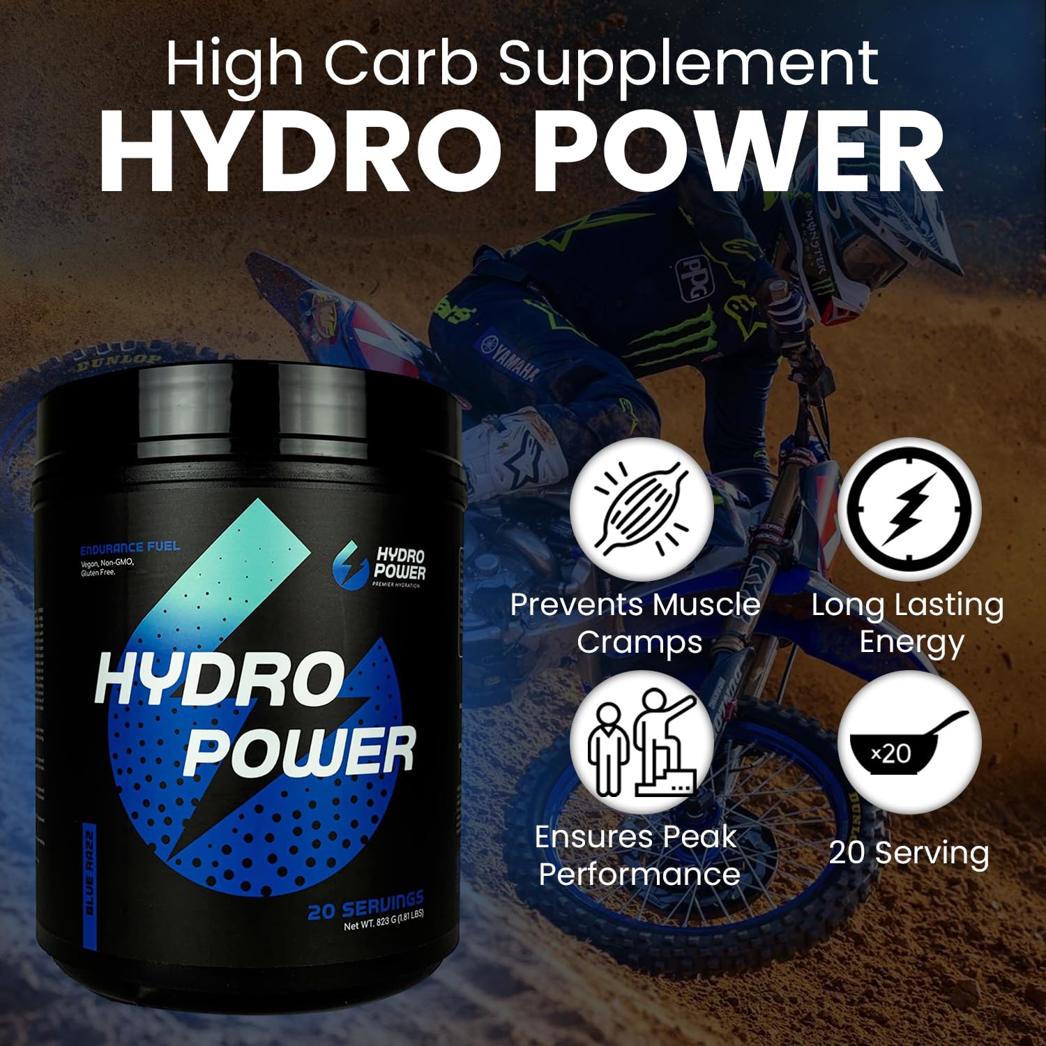 Hydro Power Endurance Fuel High Carb Supplement - Maximize Endurance & Performance with Superior Electrolyte & Calories Mix - Vegan, Non-GMO, & Gluten Free - Blue Razz Flavor, 20 Serving