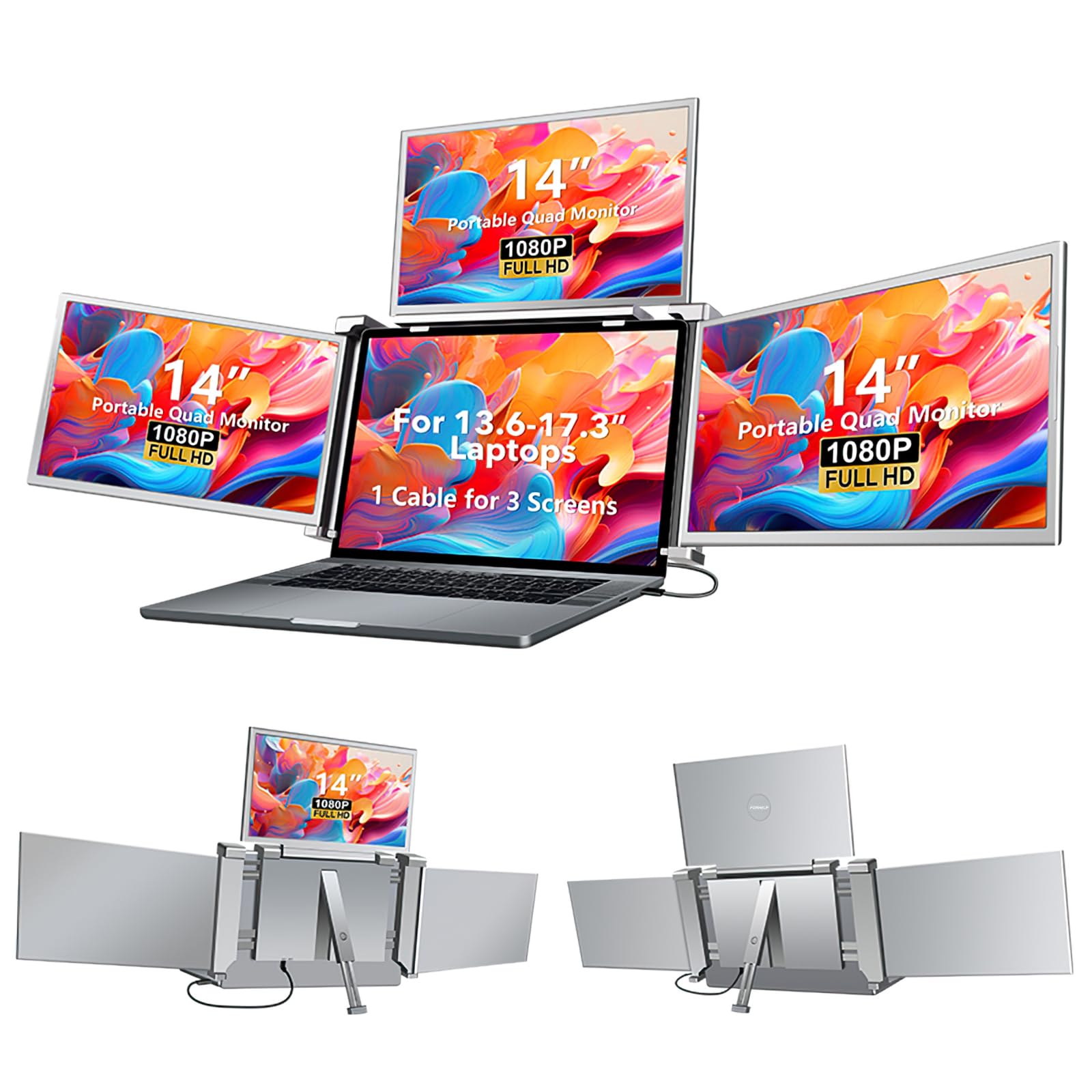 ForHelp 14 Inch Laptop Screen Extender,FHD 1080P IPS Portable Quad Monitor for 13.6-17.3" Laptops Foldable Monitor,One Cable for Three Displays, Extender Compatible for Wins/Mac(M1 M2 M3