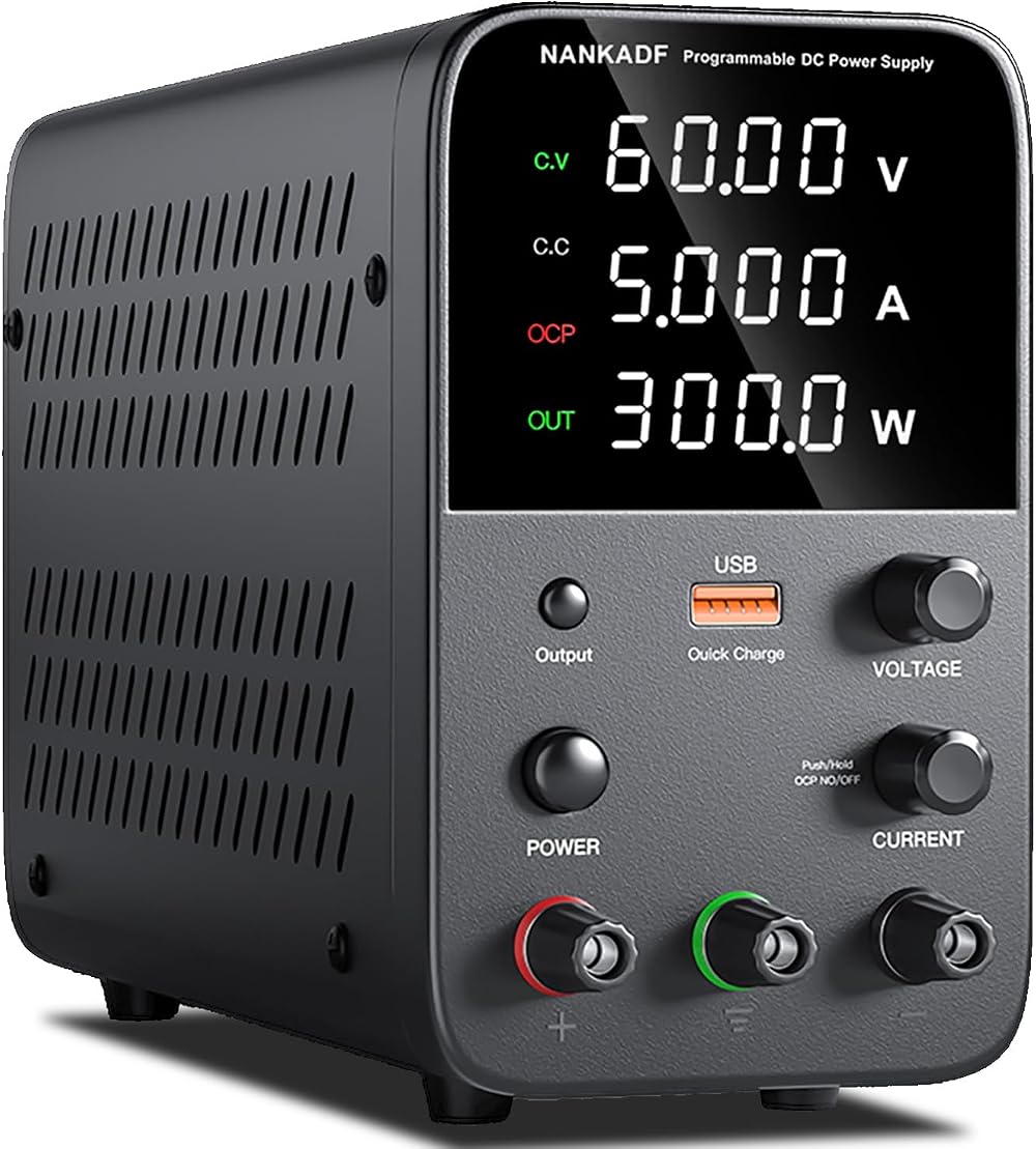 NANKADF DC Power Supply 0-60V 0-5A USB Fast Charge 18W CC/CV 4-Digit Display