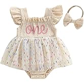 Liuckyxin Baby Girl First Birthday Outfit ONE Embroidery Flying Sleeve Square Neck Tulle Romper Dress and Bow Headband Set