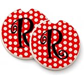 Caroline's Treasures CJ1012-RCARC Letter R Initial - Red Black Polka Dots Set of 2 Cup Holder Car Coasters Absorbent Sandstone Coasters for Car Cup Holders Gifts for Men or Women, Large, Multicolor