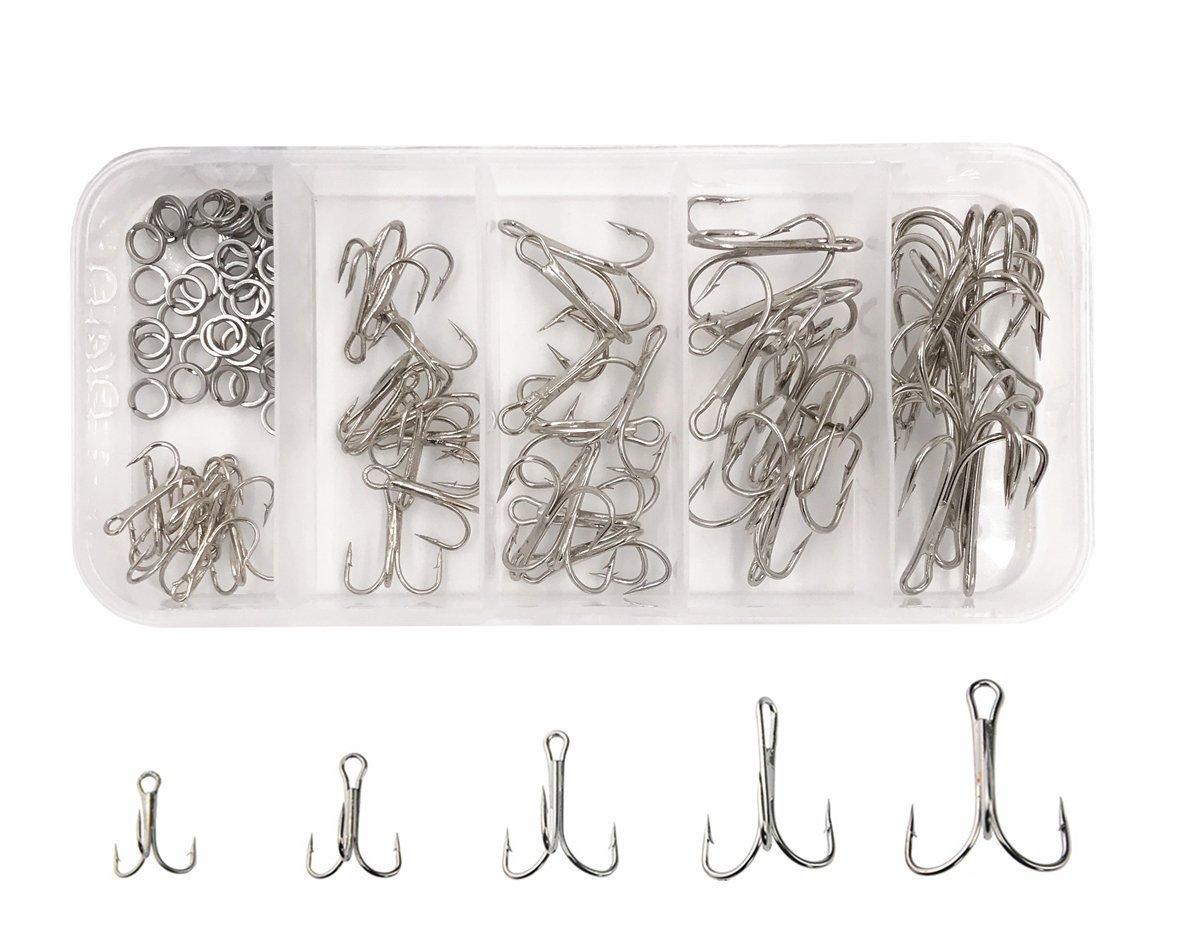 Milepetus Classic Treble Hooks Set High Carbon Steel Standard Strength Fishing Hooks with Fishing Tackle Box,2#,4#,6#,8#,10#,Silver,50Pcs