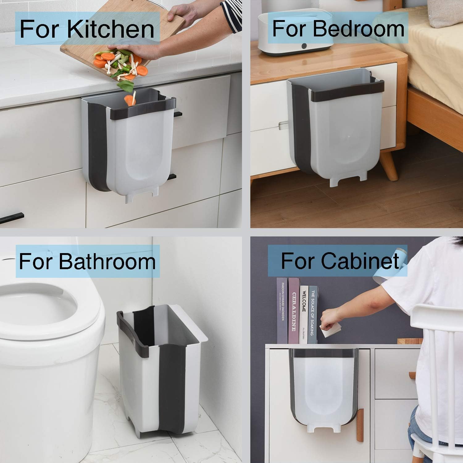 Kitchen hanging trash can for Kitchen Cabinet Door 9L/2.4 Gallon Collapsible Foldable Compact Garbage Bins Trash Holder with Trash Bags for Bedroom Office Portable Home & Outdoor Garbage Can (White): Home & Kitchen