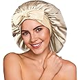 YFONG 100% 22 Momme Mulberry Silk Bonnet for Sleeping Women, Larger Double Layer Silk Hair Wrap for Curly Short Long Hair, Non-Slip Sleep Cap Turban with Elastic Tie Band for Hair Care, Champagne