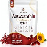 Mosern astaxanthin 12mg Supplement, 180 Softgels, Daily Wellness Formula | Astaxanthin supplements from microalgae with antioxidant support for eye &amp; skin health, plus a non-GMO, gluten-free formula
