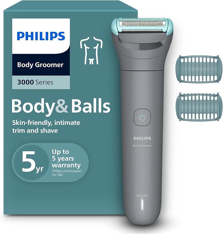 Bodygroom 3000er-Serie – Herrentrimmer mit Dreifachschutz-Rasiersystem, trimmen und rasieren im Intimbereich, hautnah und besonders schonend, 100% duschfest, 80 Min. Laufzeit, BG3480/15