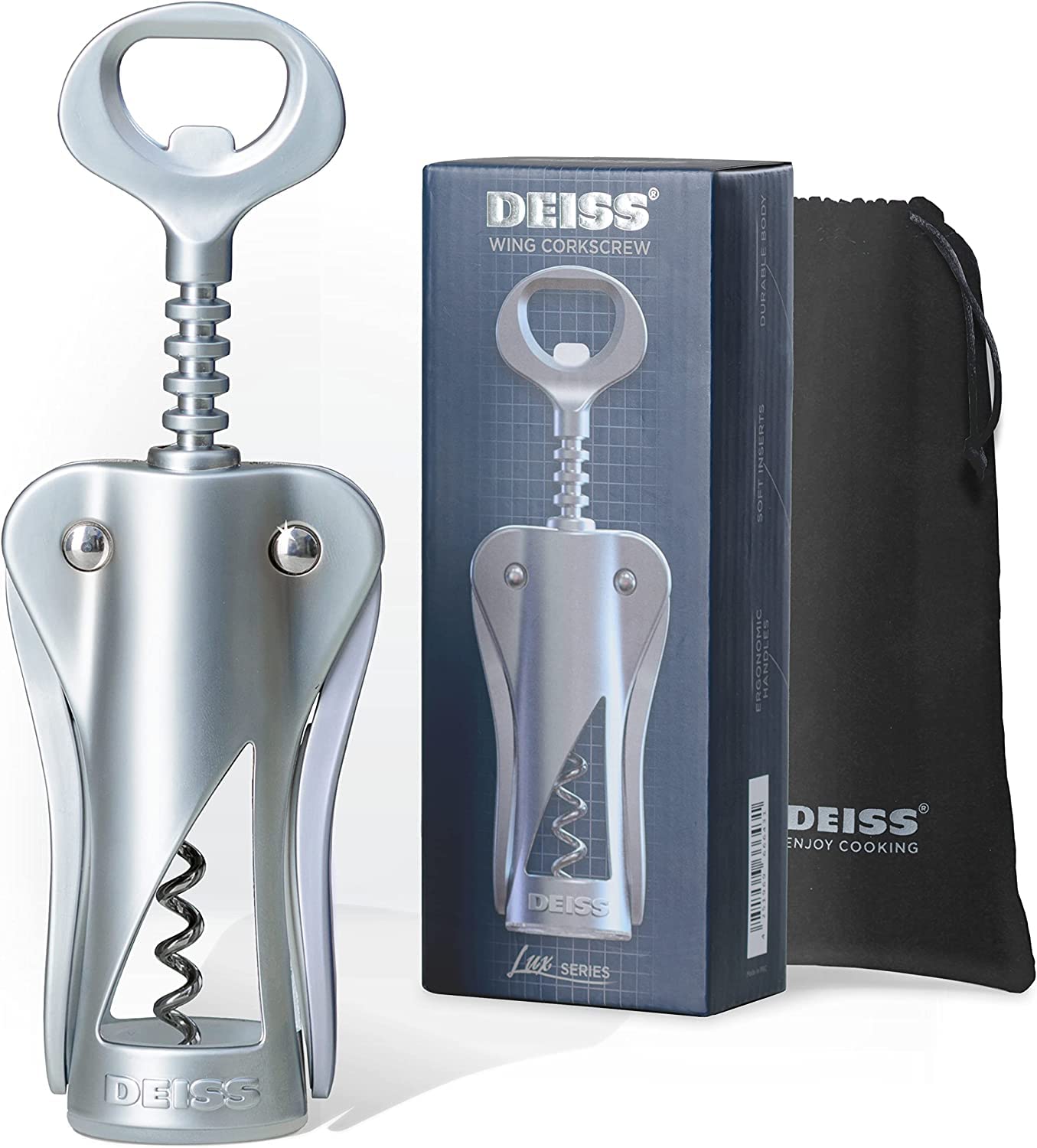 Deiss LUX All-Metal Wing Corkscrew - Ergonomic Wine Bottle Opener with Built-in Beer Bottle Opener, Silver Matte Coating, Velvet Storage Pouch