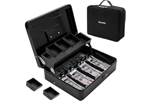 Polspag Cash Box with Bag & Combination Code, Metal Money Box with Money Tray, Large Locking Cash Boxes, Deluxe Lock Safe Box, Portable Cash Box with Adjustable Coin Box, 4 Bill 5 Coin Slots, Black