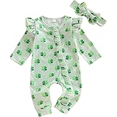 Lamuusaa Newborn Baby Girl St Patricks Day Outfit Ruffle Four Leaf Clover Romper Waffle Zipper Jumpsuit Headband