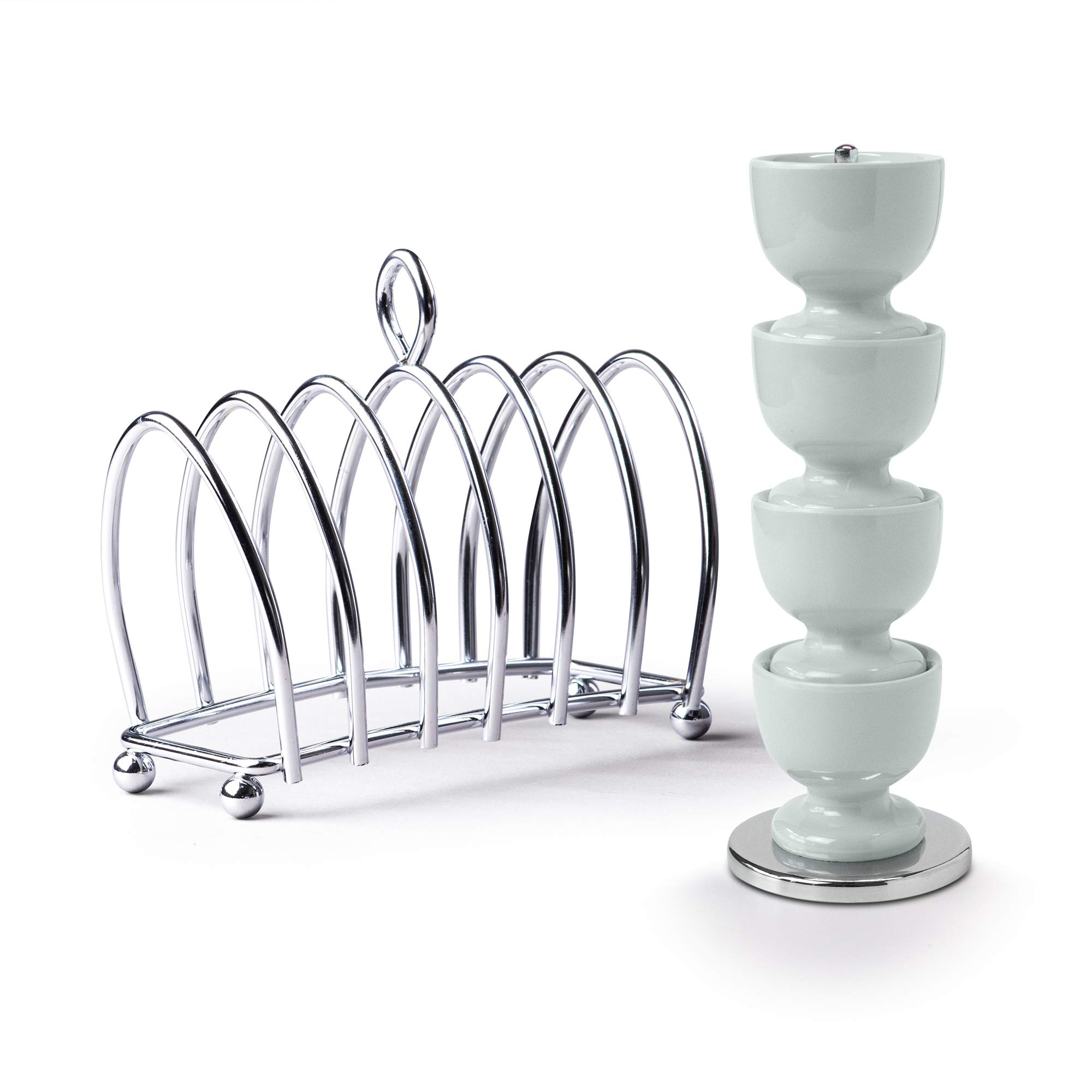 Zeal BASET8G Breakfast Set Set of 4 Melamine Stacking Egg Cups on Stand with Chrome 6 Piece Toast Rack, Sage Green