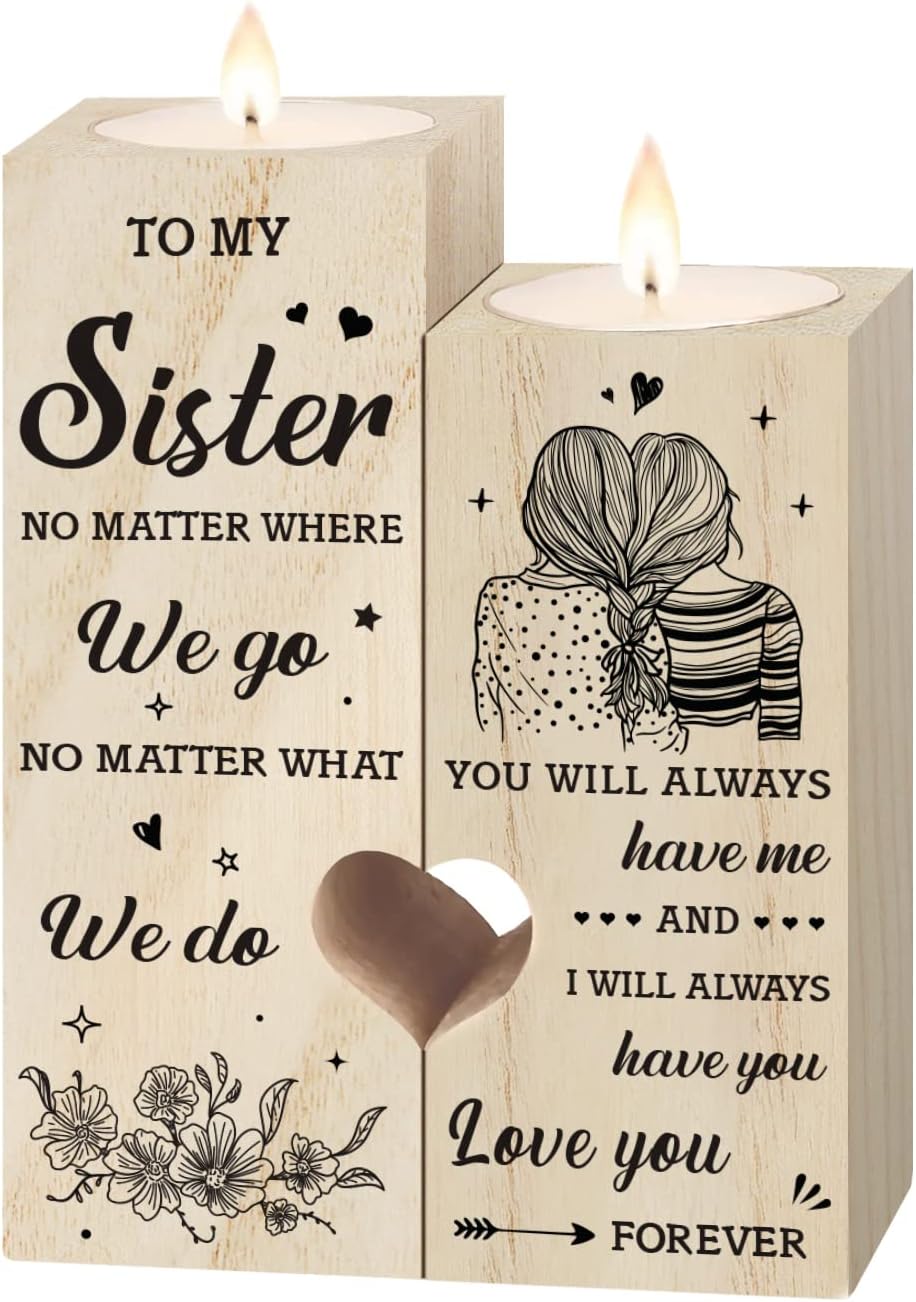 Niyewsor Heart Shaped Candle Holders for Sisters, Pine Wood Gift Set