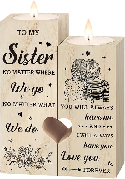 Niyewsor Heart Shaped Candle Holders for Sisters, Pine Wood Gift Set