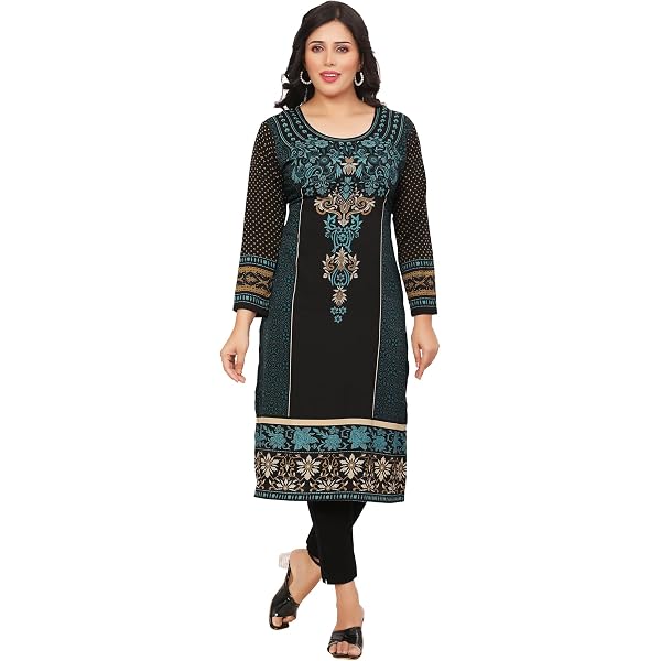 knee length dresses for ladies Women's Art Silk Indian Tunics Kurti Long Top Embroidered Plus Size (B –  Maple Clothing Inc main image 0