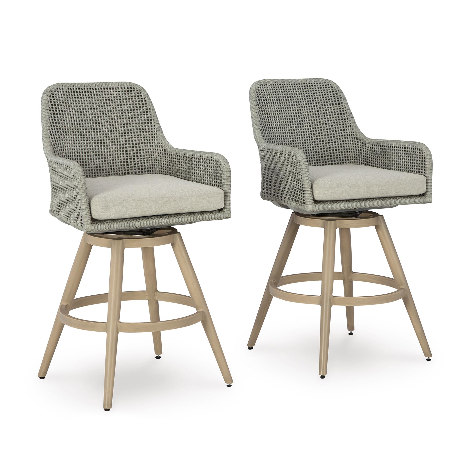 Photo 1 of Signature Design by Ashley Seton Creek Casual Nuvella Weather Resistant Fabric, Resin Wicker Swivel Outdoor Bar Height Bar Stool with Cushion, Footrest and Armrest, Set of 2, Beige & Light Gray