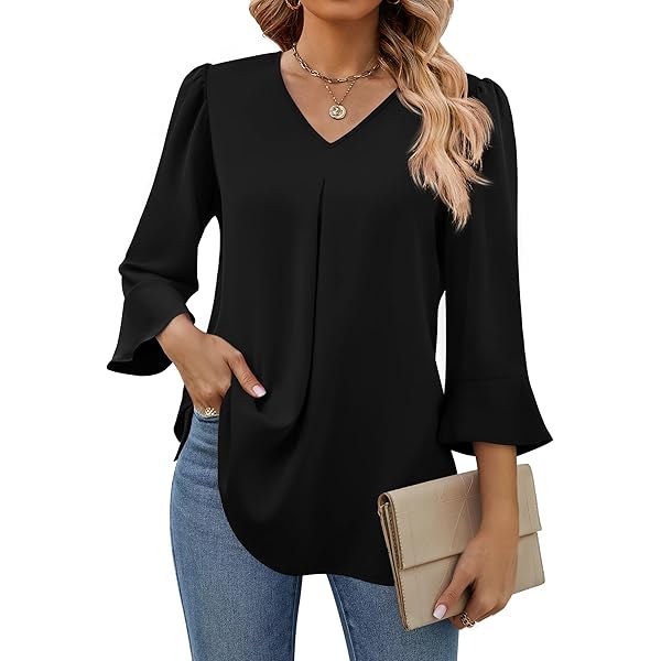 トップス GYPSOHILA V-Neck Blouse Black 2023 Womens Summer Flowy Petal Short Sleeve V Neck Chiffon