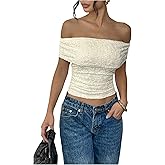 SOLY HUX Women's Off The Shoulder T Shirt Y2k Ruched Short Sleeve Knit Tee Summer Going Out Crop Tops