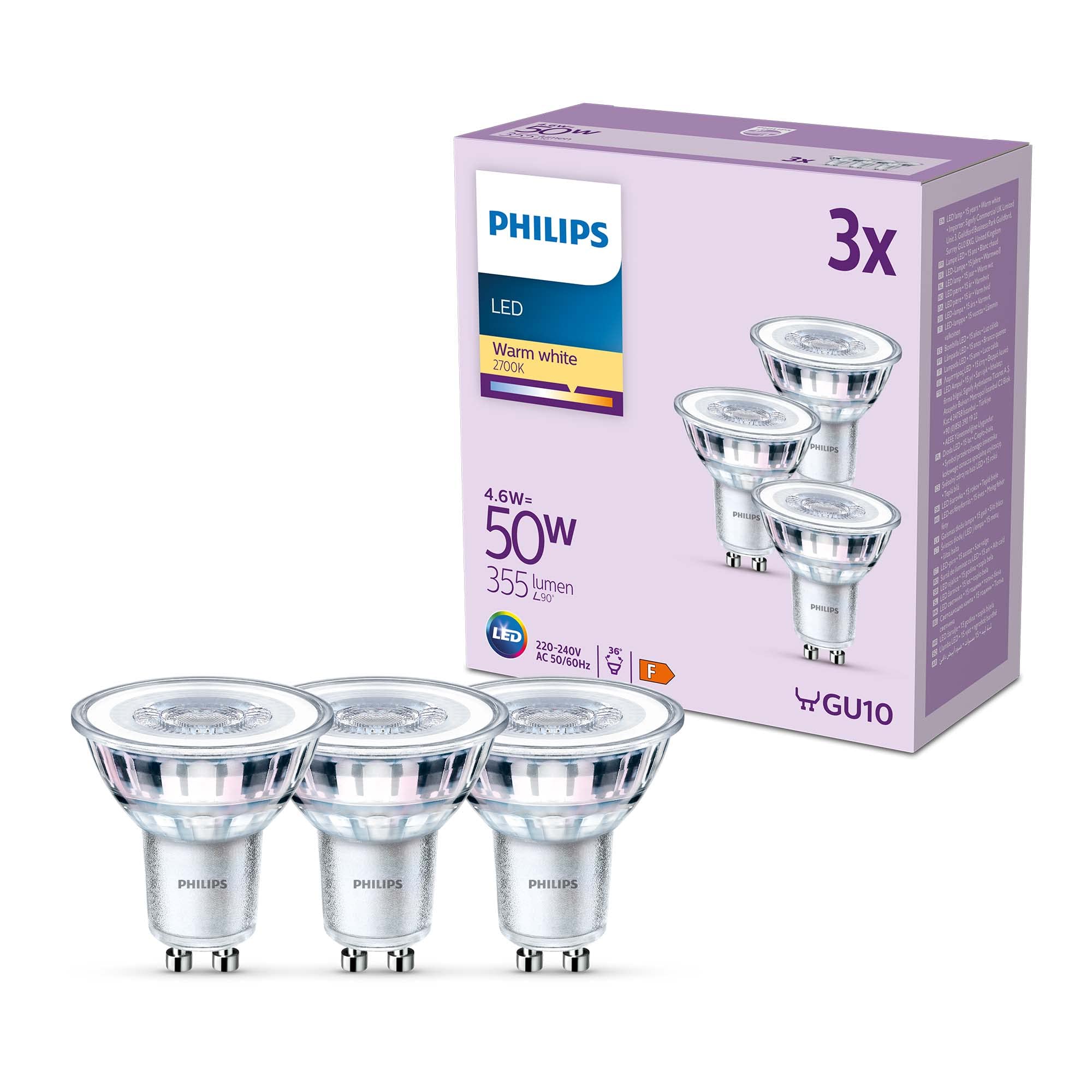 PHILIPS LED Classic Spot Light Bulb 3 Pack [Warm White 2700K - GU10] 50W, Non Dimmable. for Home Indoor Lighting, Value Range