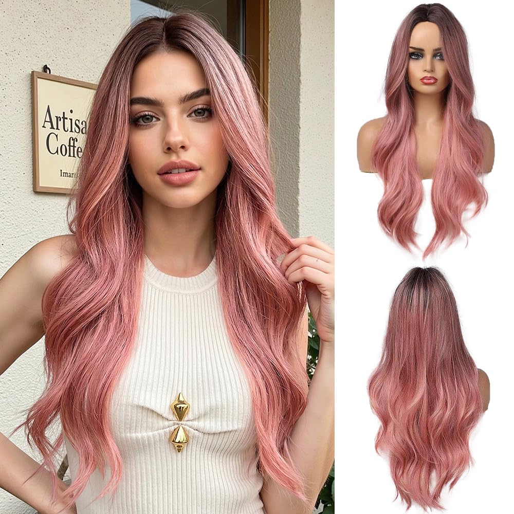 OUFEI Long Wavy Ombre Pink Wig for Women Natural Synthetic Hair Heat Resistant Ombre Wigs with Dark Roots for Daily Party Cosplay Wear — image 1