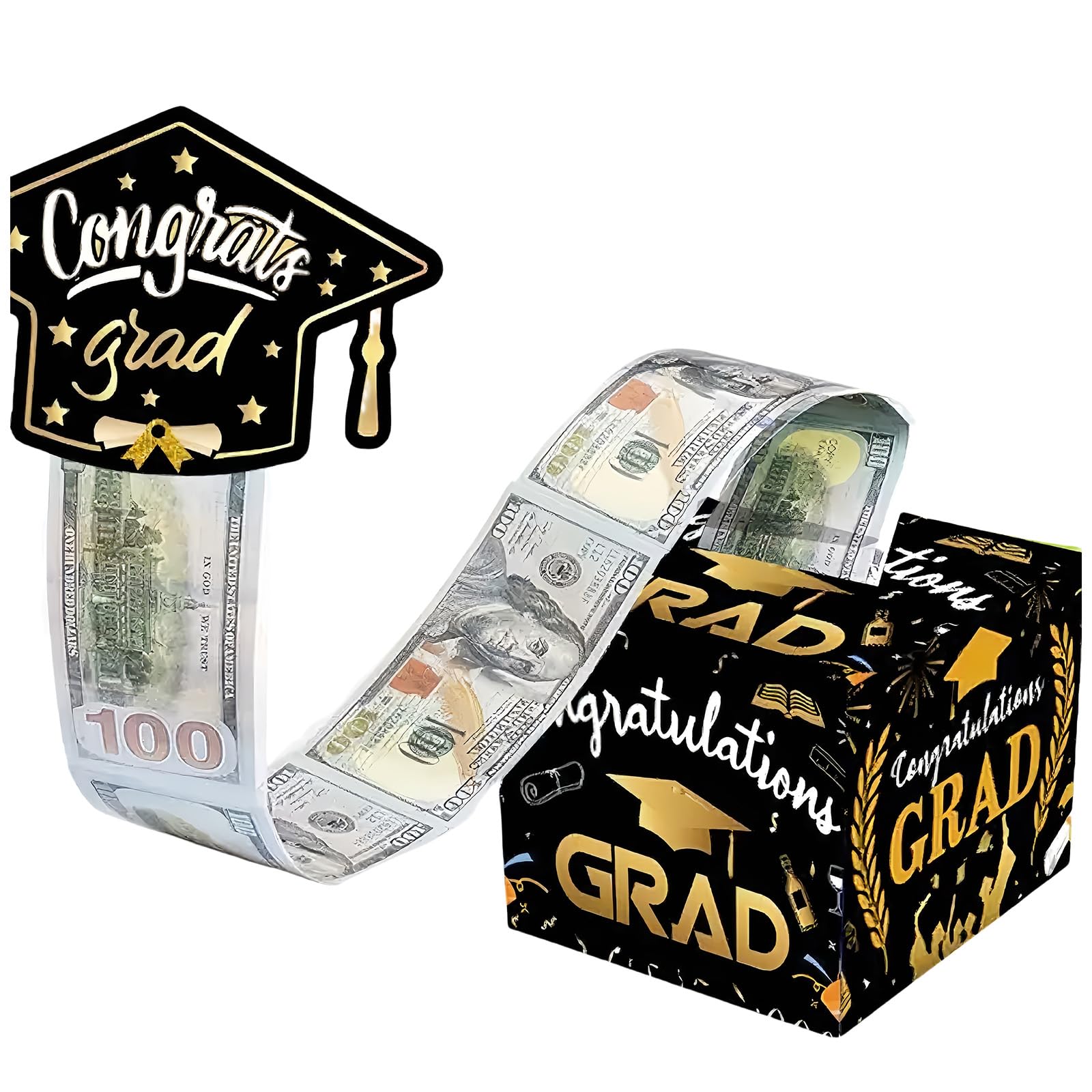 Congrats Grad Pull Surprise Money Box - Black Gold, Funny Cash Gift Presentation Box for Boys & Girls Graduation